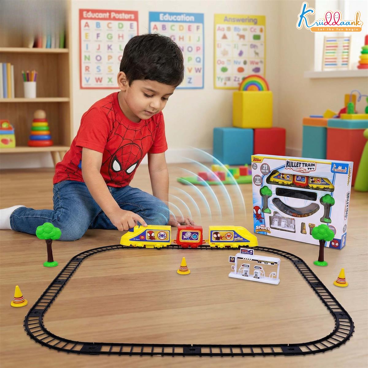 Kriiddaank Spiderman Bullet Train Set for Kids (Big) - 21 Pcs Easy-to-Assemble Tracks with Sound Effects - Educational Toy for Developing Motor Skills - Battery Operated Railway Set for Ages 3+