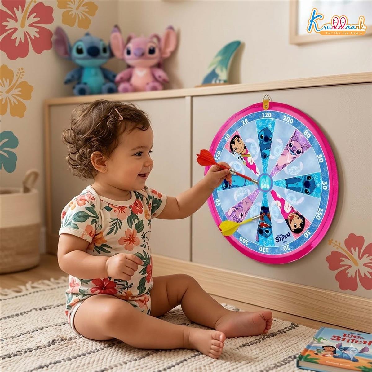 Kriiddaank Stitch 2-in-1 Flip N Play Board Game | Magnetic Dartboard & Ludo Set | Safe Indoor Game for Kids 3+ Years | Includes Magnetic Darts, Dice & Pawns | 34.2cm Double-Sided MDF Board