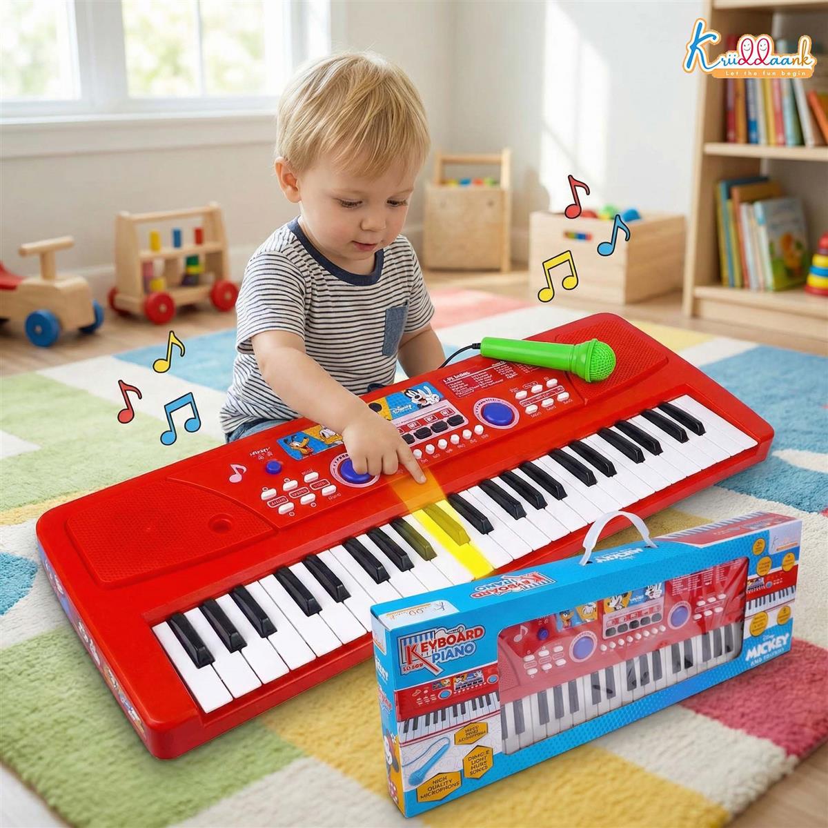 Mickey Theme Kids Keyboard Piano with Microphone - 37 Keys, 8 Instrument Sounds, 16 Rhythms, Dual Power (USB/Battery), Educational Musical Toy for Toddlers Boys Girls Age 3+ - Red KD-500-MK