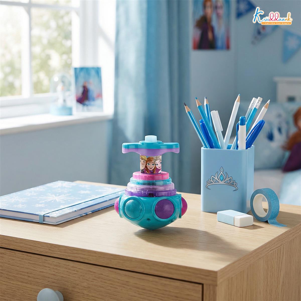 Frozen Dizzy Glow Top - LED Light & Music Spinning Top Toy for Kids, Magic Musical Spinner with 360Â° Rotation, Turkish Blue Frozen Character Toy for Boys & Girls Age 3+, Battery Operated