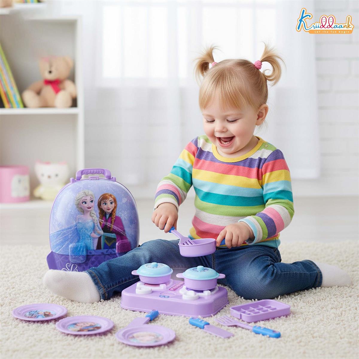 Kriiddaank Frozen Backpack Kitchen Set for Kids - 21 Pcs Pretend Play Cooking Toy with Music & Accessories, Portable Carry Case Playset for Girls 3+ Years (Turkish Blue)