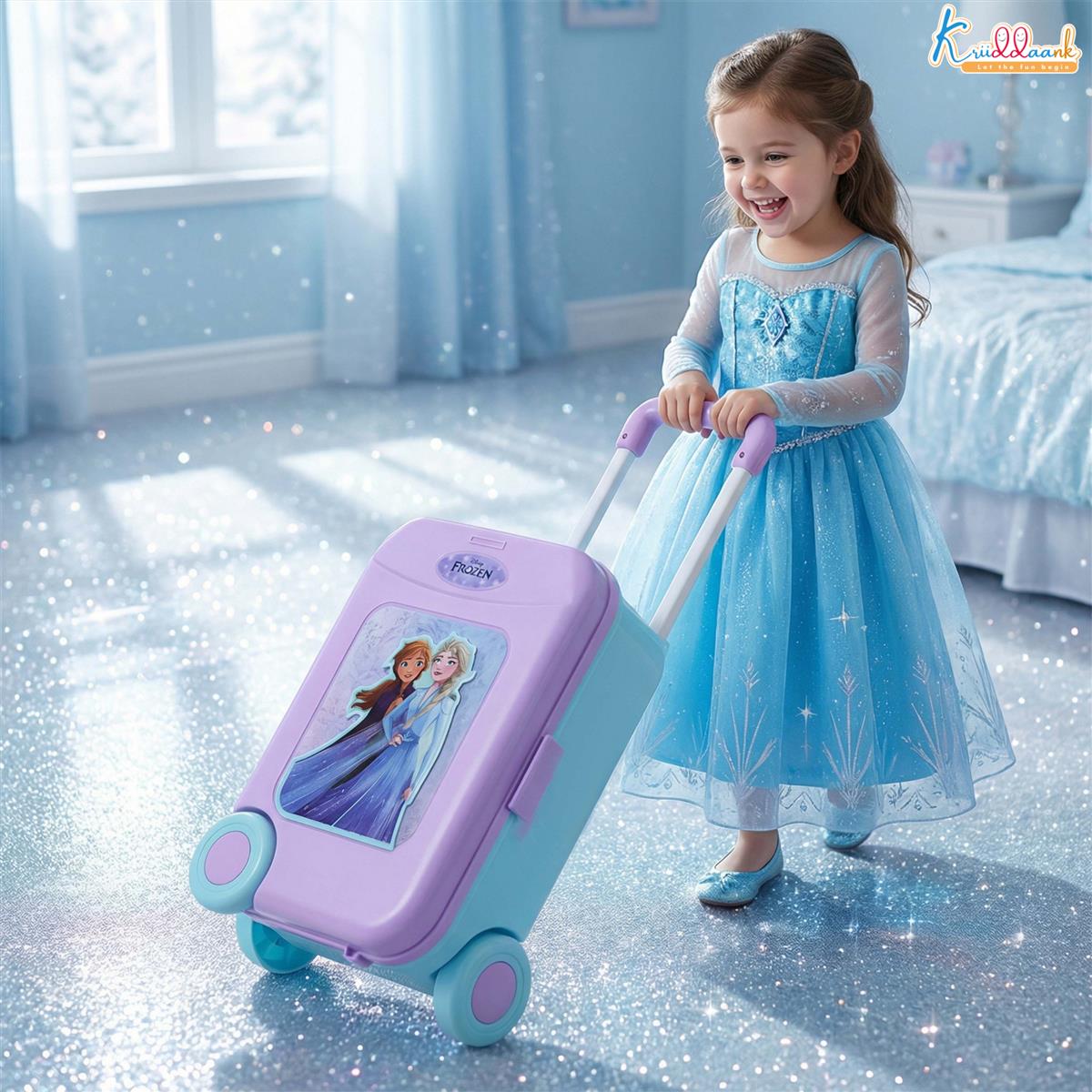 Kriiddaank Frozen Dressing Set for Girls - Elsa & Anna Pretend Play Beauty Makeup Kit with Trolley, Lights & Music, 15 Pcs Educational Styling Toy for Kids Age 3+, Turkish Blue
