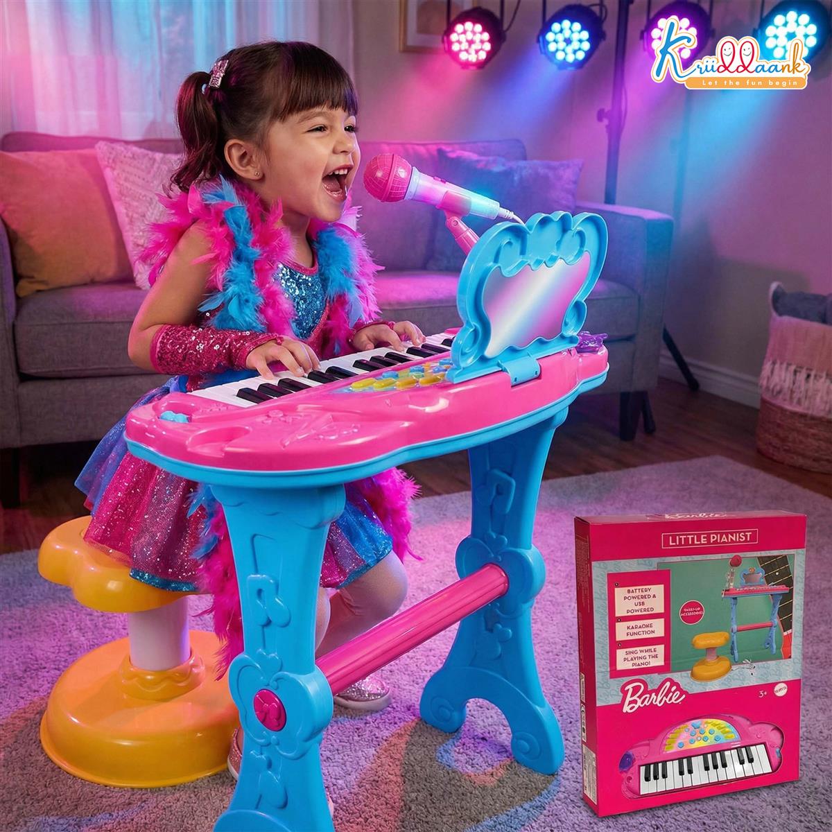 Mattel Barbie Theme Little Pianist Keyboard with Microphone & Stool - Dual Power (USB/Battery), Karaoke Mode, 25 Inbuilt Tunes - Pink Musical Toy for Girls 3+ Years