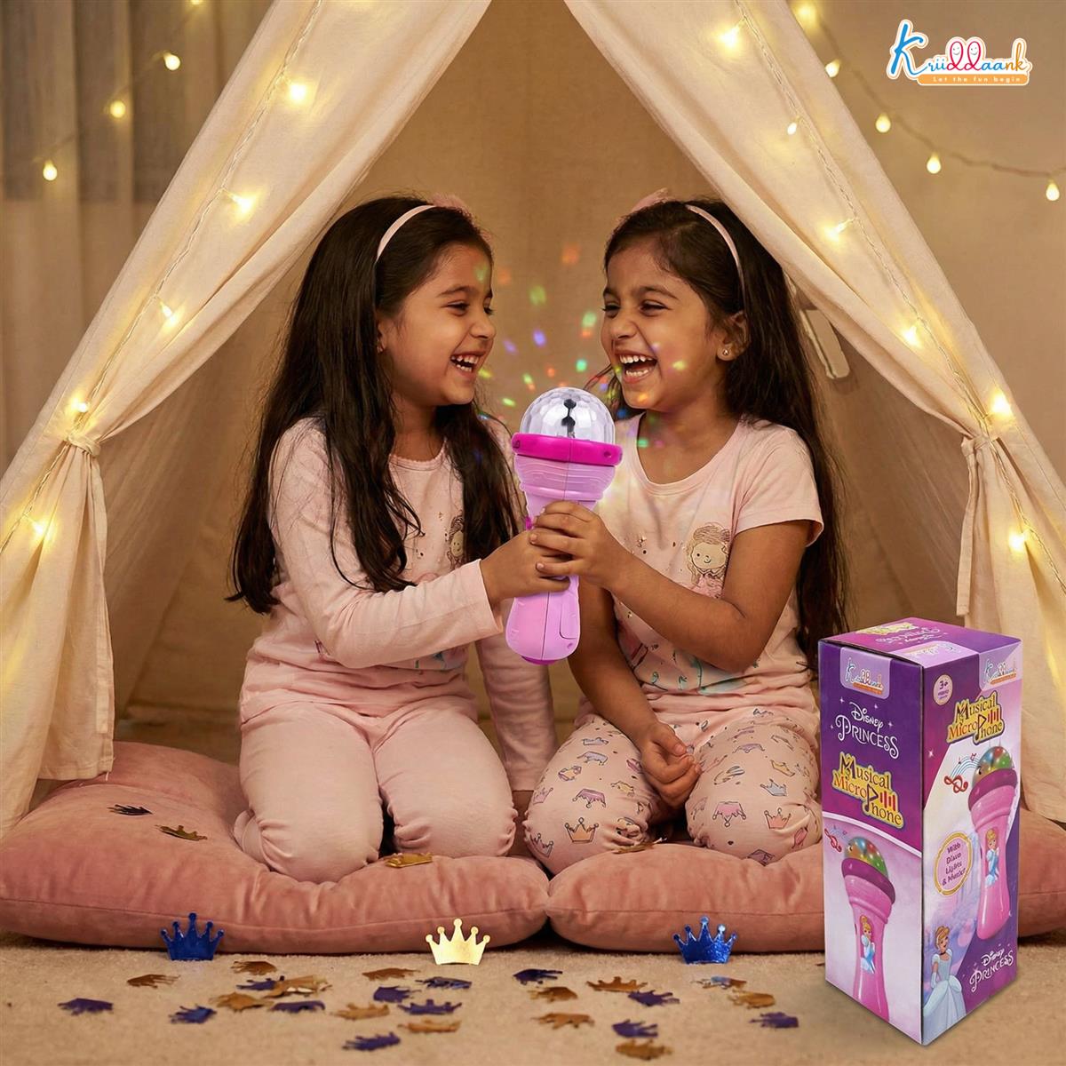 Kriiddaank Disney Princess Musical Microphone for Kids - Pink Karaoke Singing Mic with Rotating Disco Lights & Projector, Interactive Sound Toy for Girls 3+ Years, Ideal Birthday Gift