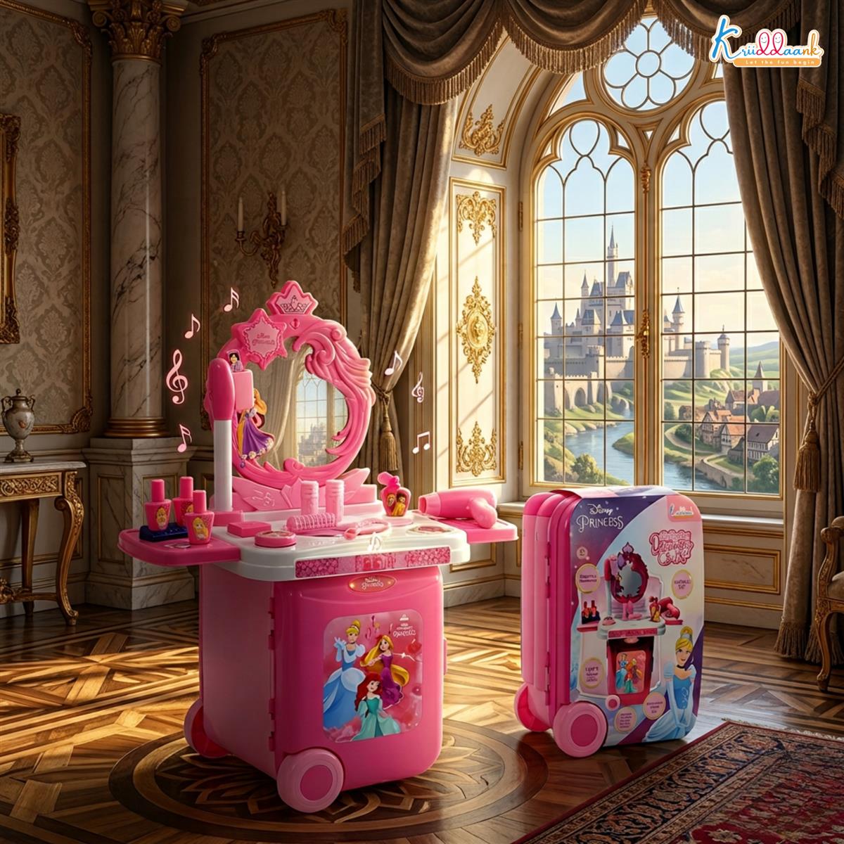 Kriiddaank Disney Princess Dressing Set & Beauty Makeup Kit with Trolley for Girls - 15 Pcs Pretend Play Toy with Music, Lights & Sound - Safe, Interactive Styling Kit for Kids Ages 3+