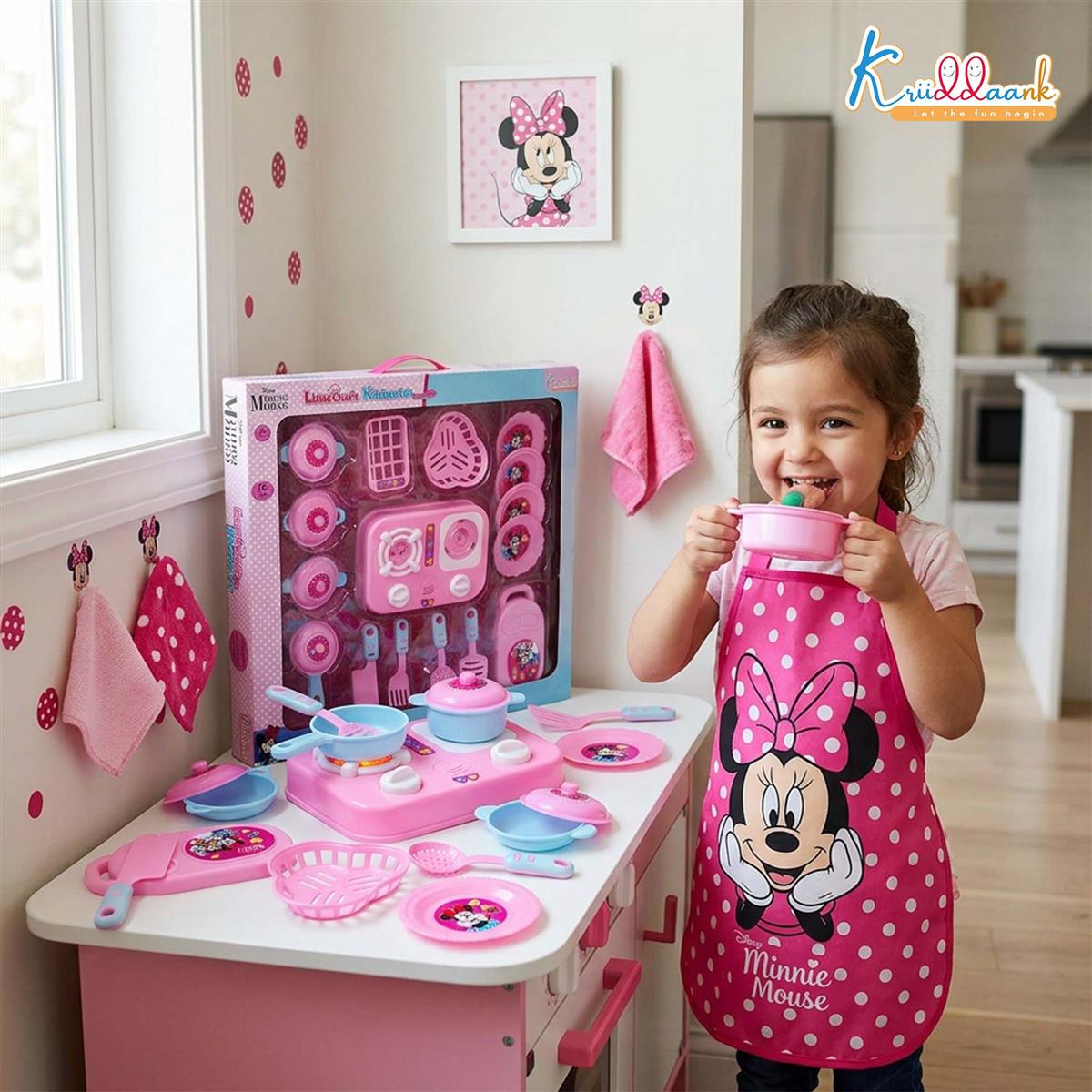 Kriiddaank Minnie Mouse Theme Little Chef's Kitchen Set for Girls - 16 Pcs Pretend Play Cooking Toy with Lights & Sound Effects, Portable Interactive Kitchen Playset for Kids Age 3+ Years (Pink)