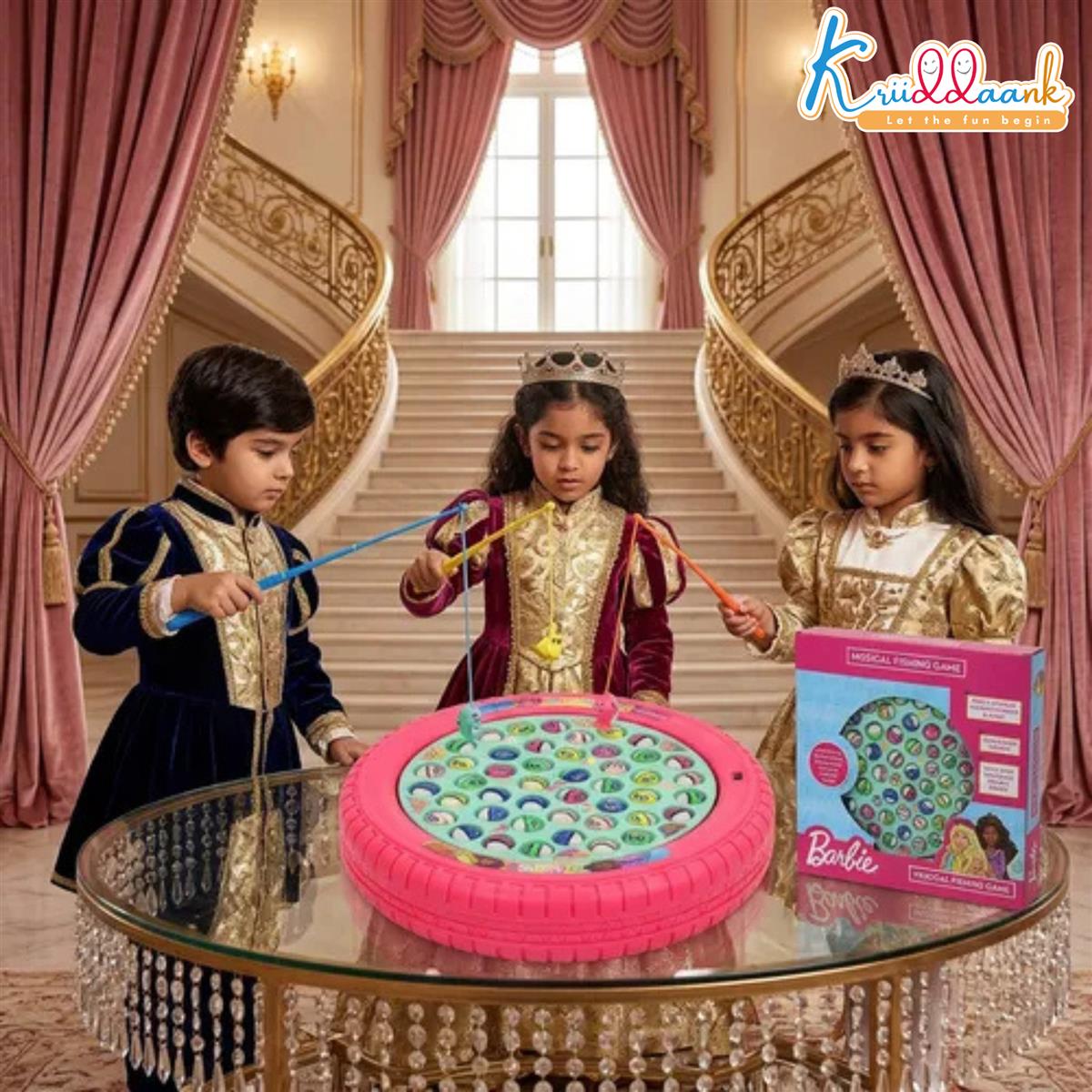 Mattel Barbie Musical Rotating Fishing Game with 45 Fishes & 4 Fishing Poles | Battery Operated Learning Toy for Kids 3+ Years | Fun & Educational Multiplayer Board Game (Pink)