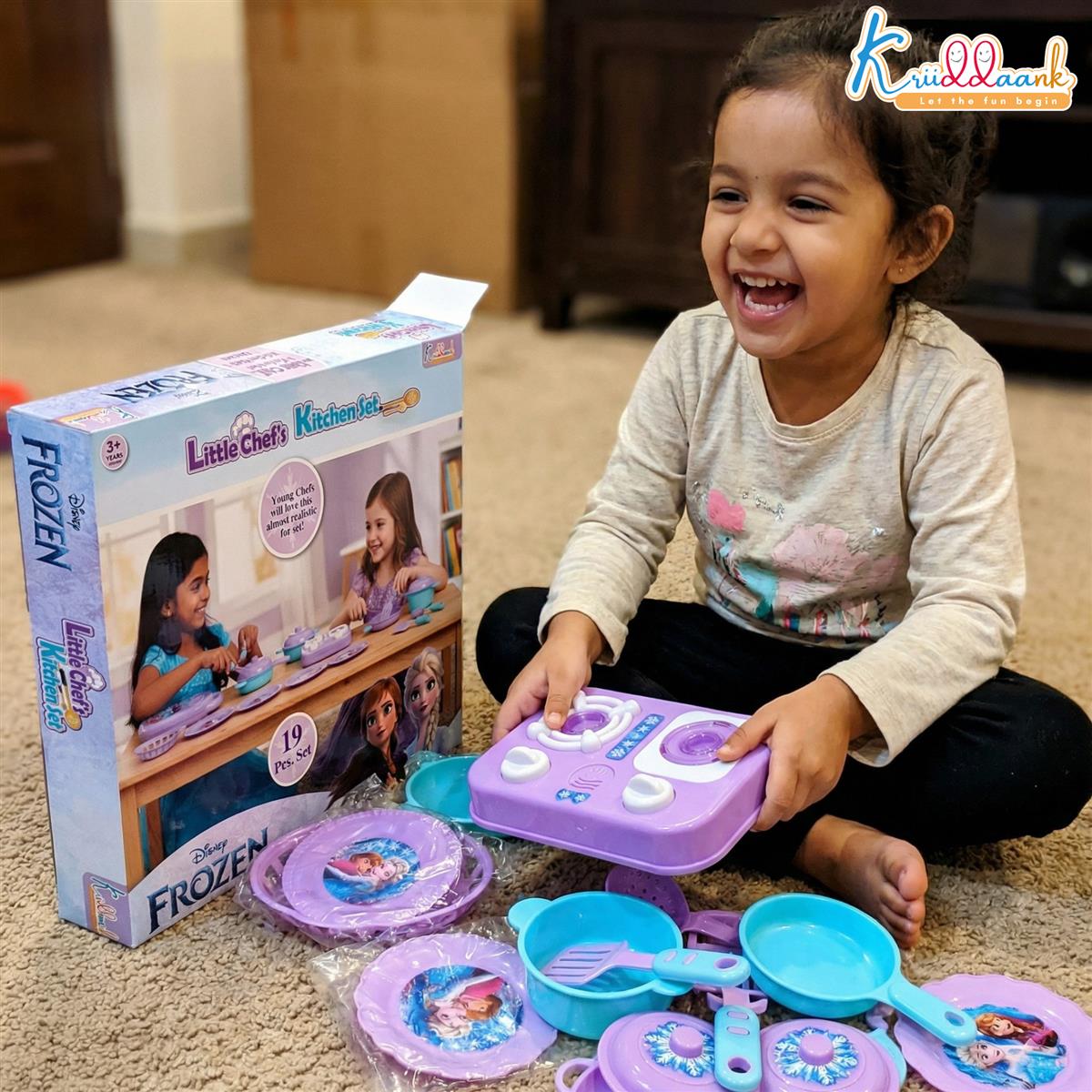 Kriiddaank Frozen Little Chef Kitchen Set for Kids - 19 Pcs Princess Theme Pretend Play Cooking Toy Set - Non-Electronic Safe Educational Kitchen Toys for Girls & Boys Ages 3+ Years