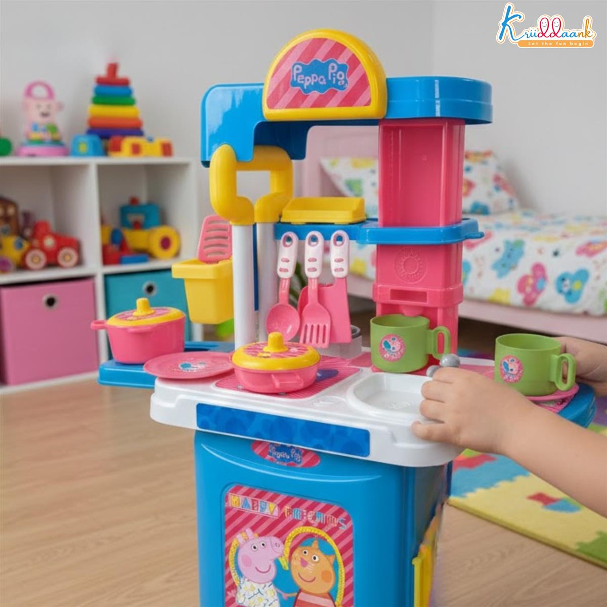 Kriiddaank Peppa Pig Kitchen Set for Girls - 2-in-1 Portable Trolley & Chef Playset with 20+ Accessories, Music & Lights - Educational Pretend Play Cooking Toy for Kids 3+ Years (Pink)