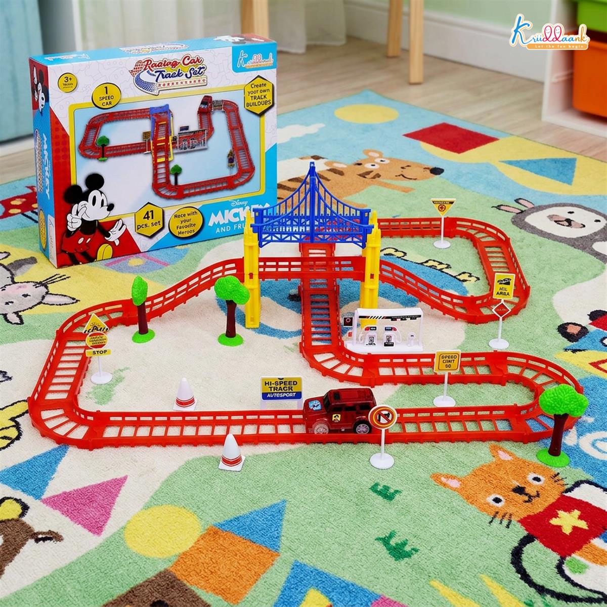 Disney Mickey Mini Track Small (41 Pcs) Racing Set - Battery Operated Car Track with Bridges, Roads & Signs - Educational Play Toy for Kids 3+ Years - Red/Multicolor Playset