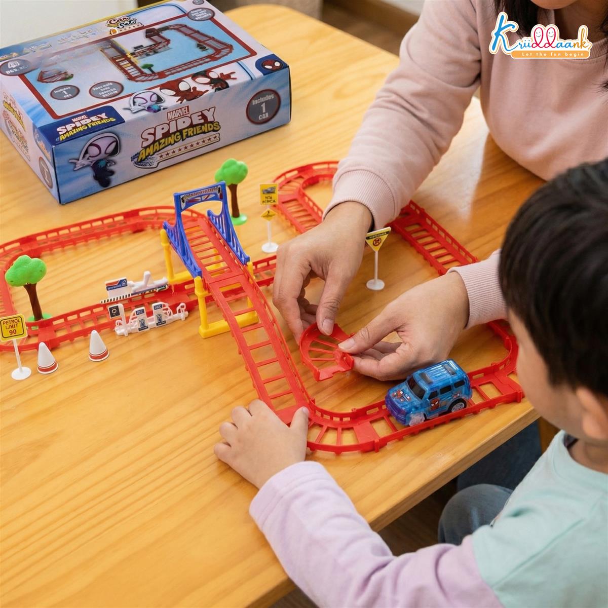 Spiderman Mini Track Set (41 Pcs) - Battery Operated Racing Car Track with Bridges, Roadway Signs & Traffic Cones | DIY Race Adventure Toy for Kids 3+ Years | Engaging & Educational Play Set