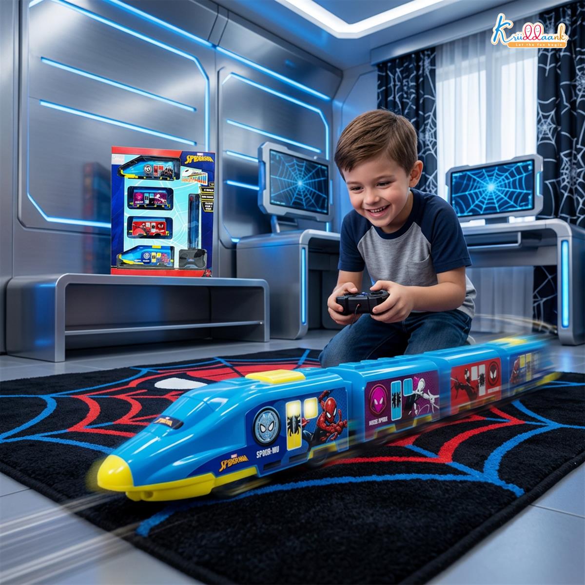 Kriiddaank Spiderman Theme RC Train Toy for Kids, Remote Control Rechargeable EMU Express Train with LED Lights & Realistic Sounds, Superhero Railway Toy for Boys & Girls (Blue)