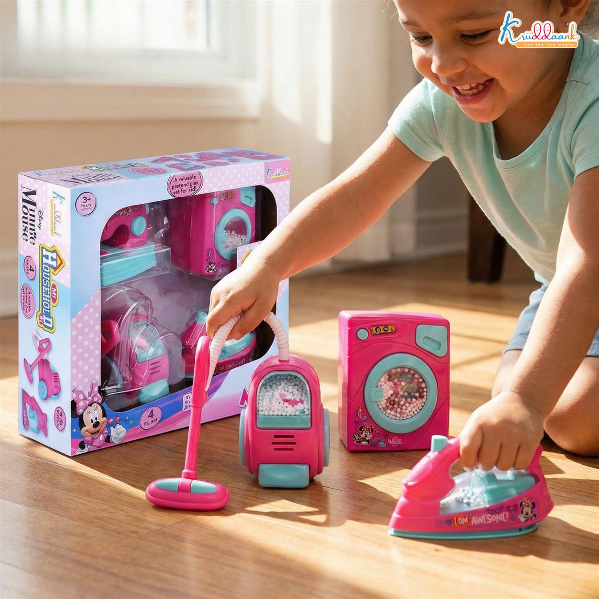 Minnie Mouse Theme Household Role Play Set (4-Piece) - Toy Washing Machine, Vacuum Cleaner, Iron & Hair Dryer with Lights - Educational Pretend Play Gift for Girls 3+ Years Old