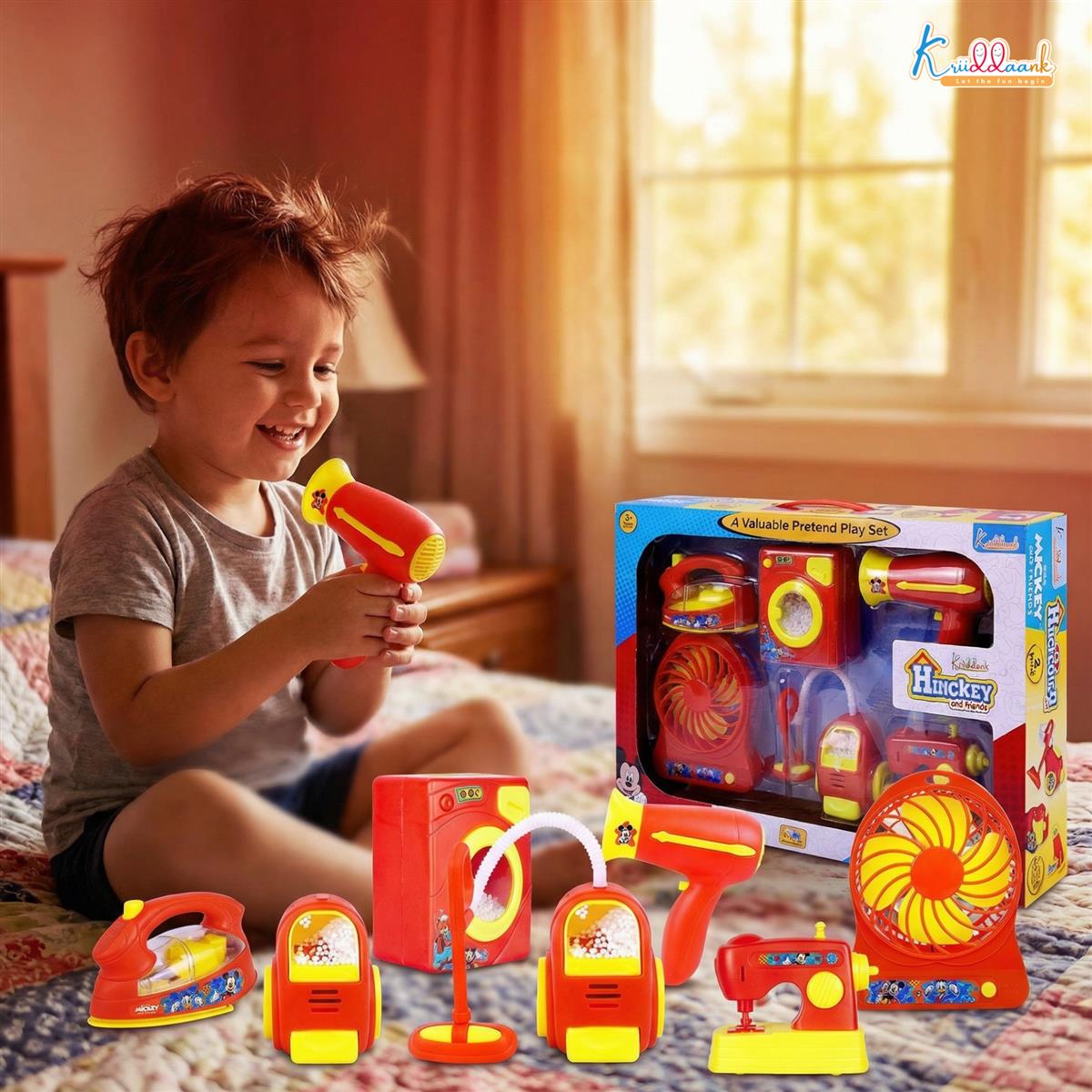 Mickey Mouse 6-Piece Mini Household Toy Set - Battery Operated Washing Machine, Vacuum Cleaner, Sewing Machine, Hair Dryer, Iron & Fan - Interactive Pretend Play Appliances for Kids Ages 3+