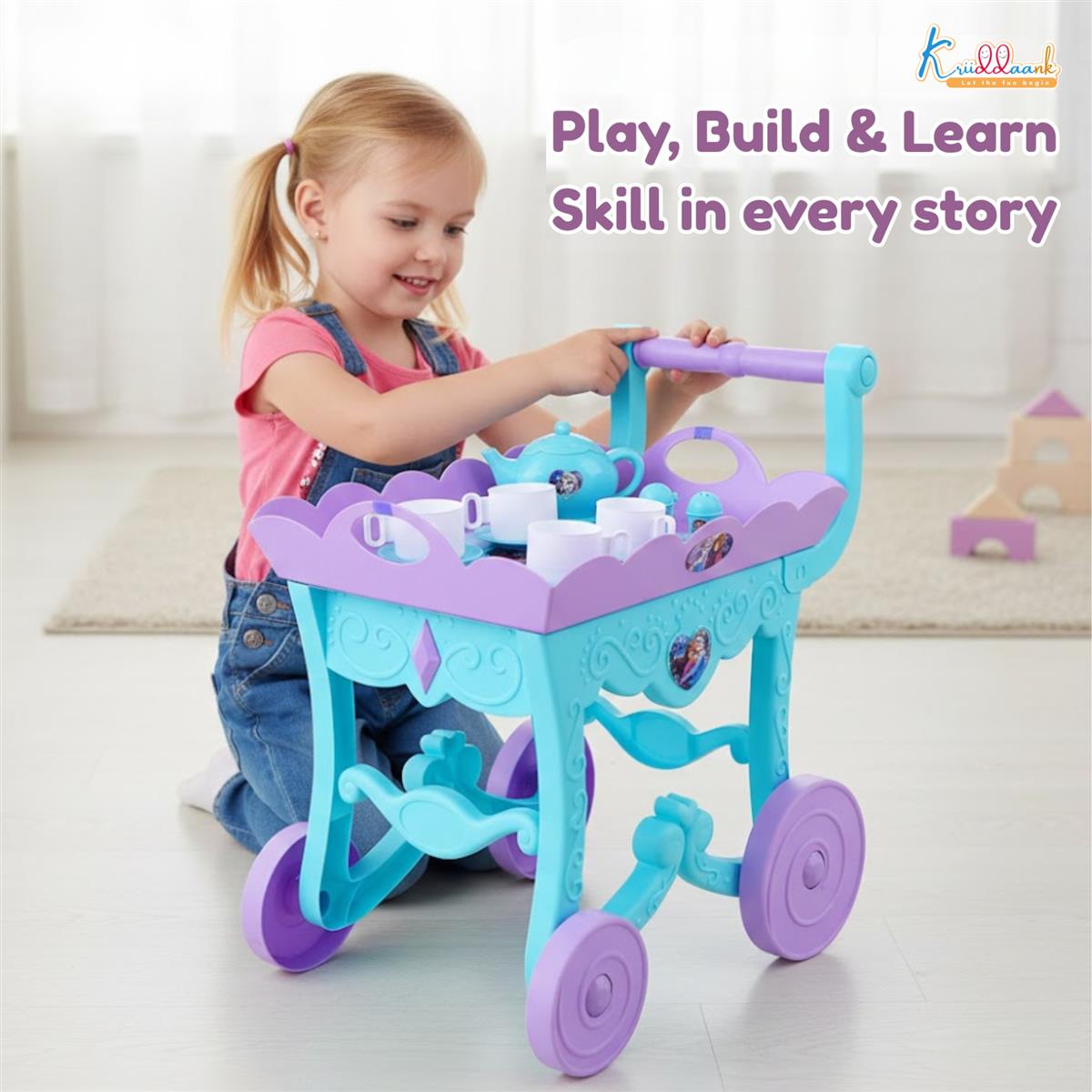 Frozen Tea Trolley Set - 32 Pcs Elsa & Anna Musical Tea Party Playset with Electronic Kettle, Lights & Sound - Pretend Play Kitchen Accessories, Birthday Gift for Kids 3+ Years (Turkish Blue)