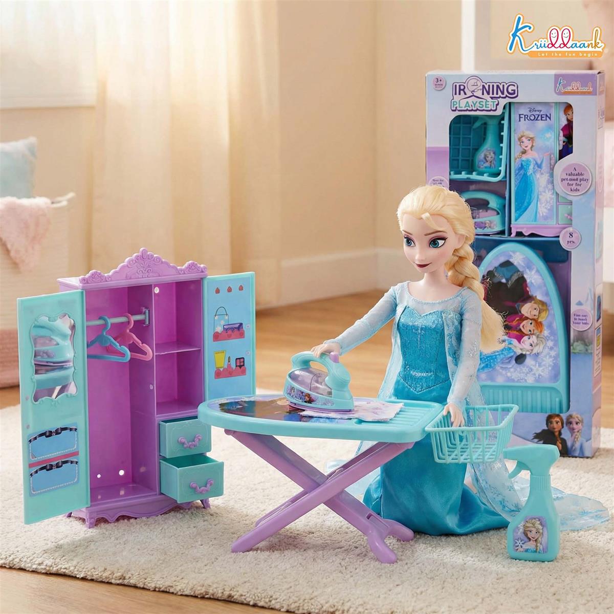 Frozen Portable Iron Playset with Elsa & Anna - 8-Piece Ironing Toy Set with Realistic Light, Sound & Accessories - Educational Pretend Play Household Toy for Kids & Toddlers 3+