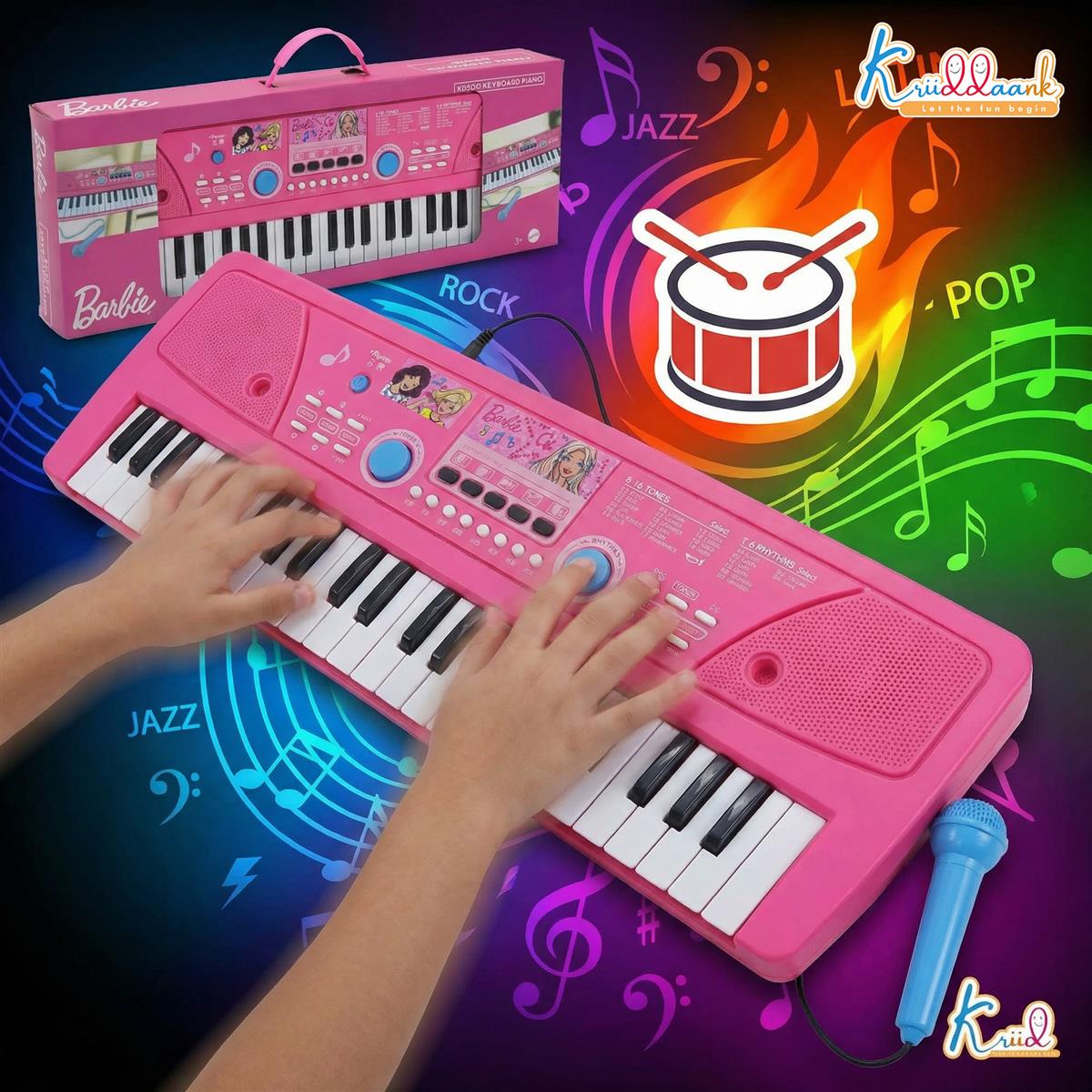 Barbie 50 Keys Musical Keyboard Piano for Kids with Microphone, 16 Rhythms, 8 Instrument Sounds, 16 Tones, Dual Power (USB/Battery), Learning & Educational Toy for Girls Age 3+, Pink