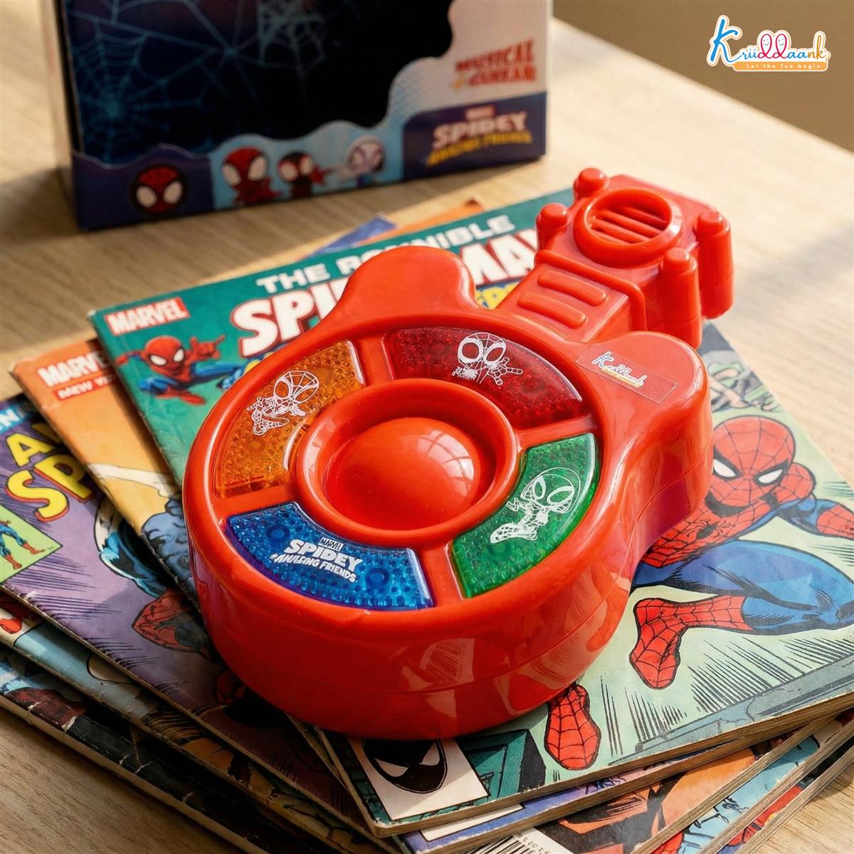 Spiderman Theme Mini Guitar Music Set for Kids - Battery Operated Toy with 4 Musical Buttons, Lights & Sound - Educational Musical Instrument Toy for Toddlers and Marvel Fans Age 3+