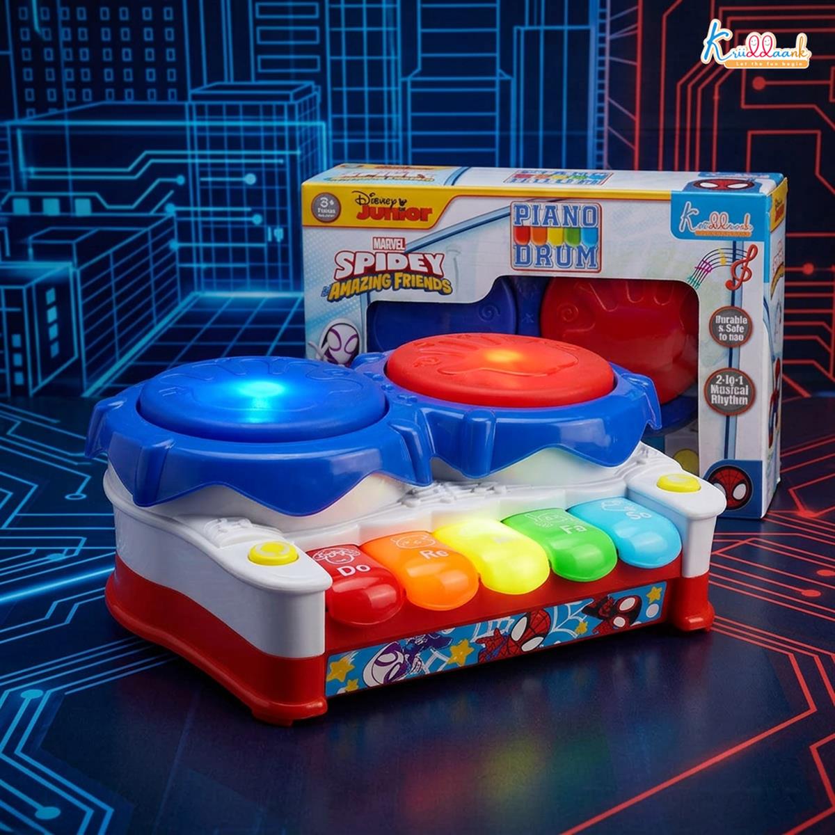 Spiderman Theme 2-in-1 Drum and Piano Music Toy for Kids - Interactive Musical Instrument Kit with 3D Lights & Sound, Educational Superhero Gift for Boys and Girls Ages 3+