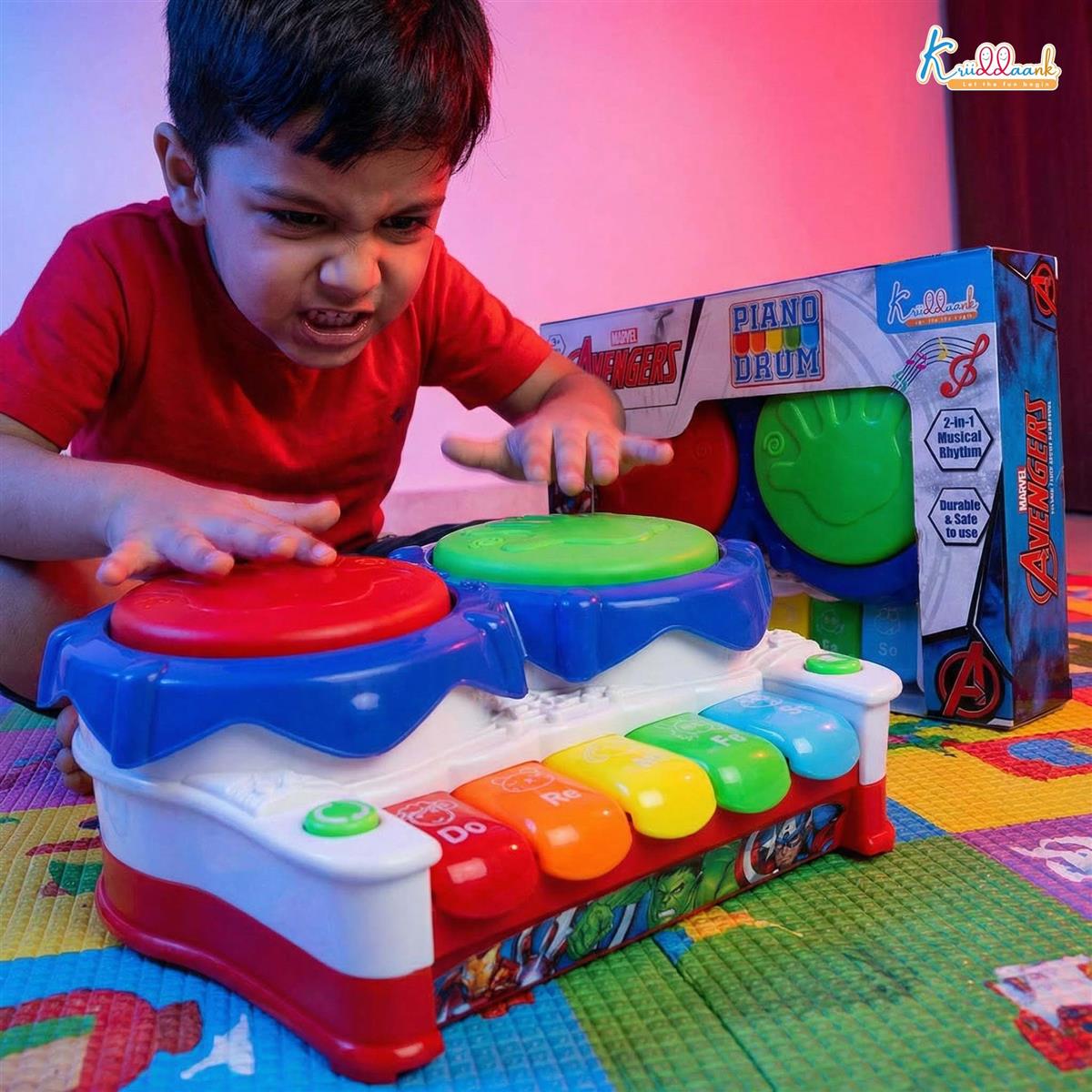 Marvel Avengers 2-in-1 Piano Drum Musical Toy for Kids | Interactive Electric Instrument with 3D Lights & Music | Educational Birthday Gift for Boys & Girls 3+ Years | Durable & Safe Play