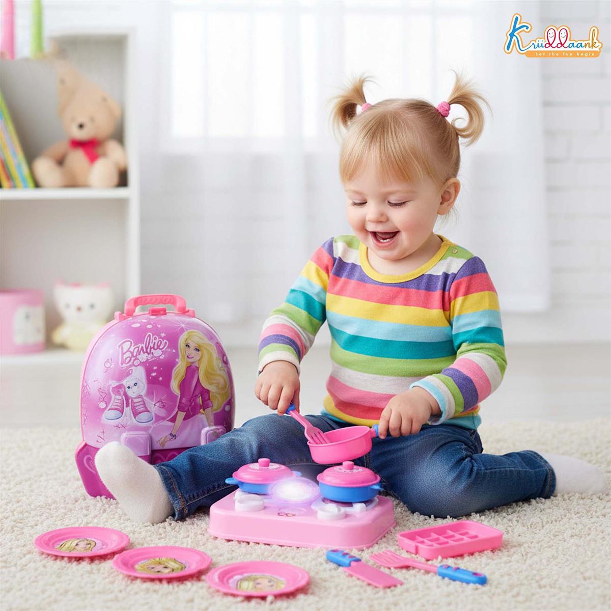 Barbie Backpack Kitchen Set - 21 Piece Pink Portable Cooking Toy Set for Kids 3+ Years - Travel-Friendly Pretend Play Kitchen with Music and Accessories - Non-Electric Role Play Gift for Girls