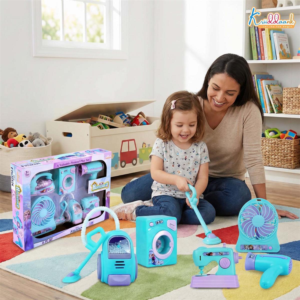Frozen Theme Household 6pc Role Play Home Set - Battery Operated Kids Home Appliances with Washing Machine, Vacuum Cleaner, Sewing Machine & Fan - Educational Toy Gift for Kids 3+ Years (Multicolor)