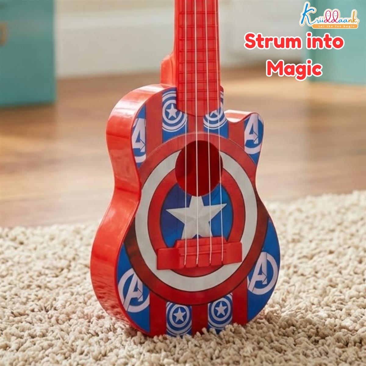 Marvel Avenger Theme 4-String Guitar for Kids - Small Electric & Classical Style Toy Instrument for Beginners - Fun Educational Musical Toy for Boys & Girls Age 3+ - Red