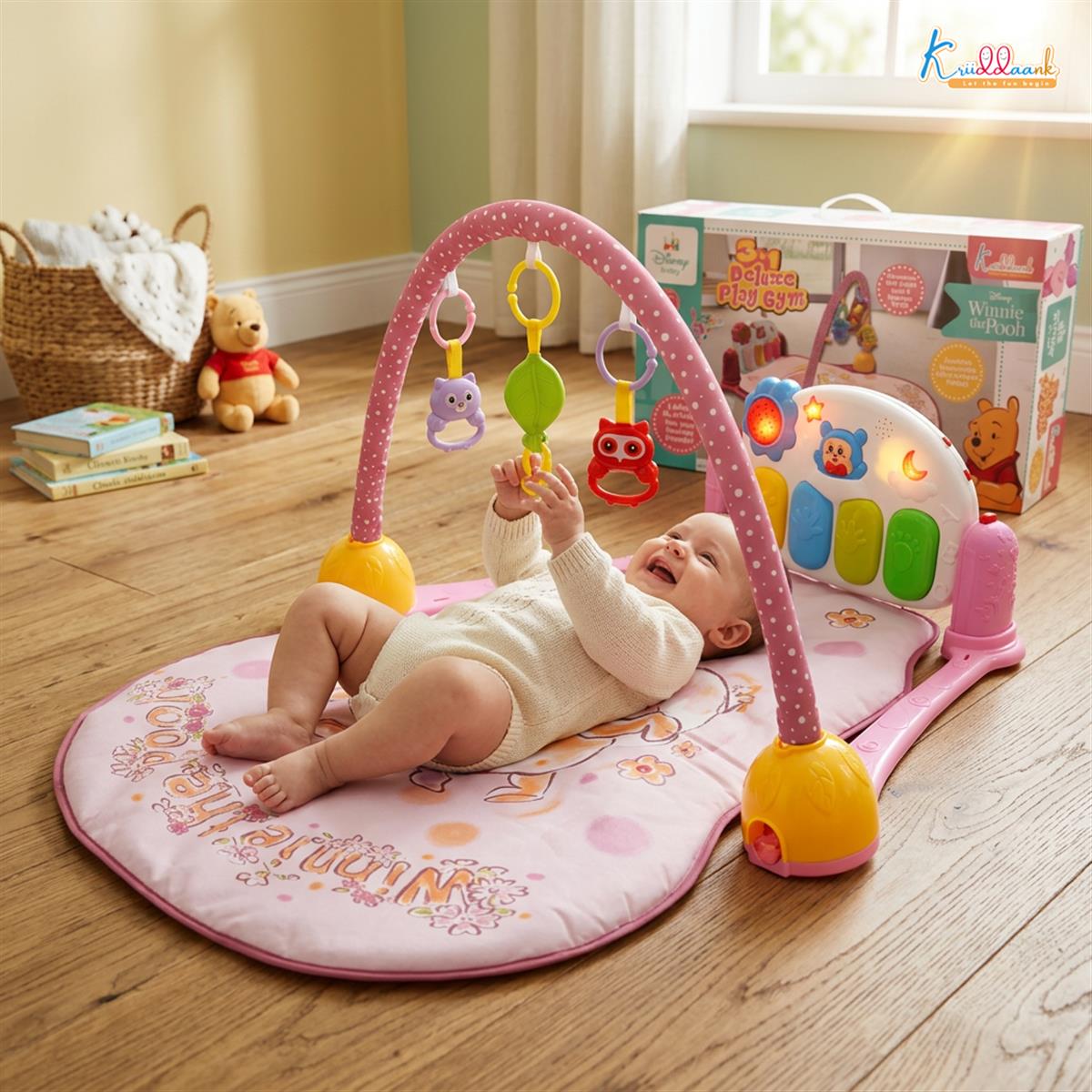Winnie The Pooh Baby Gym - Activity Musical Mat with Kick & Play Piano, Ultra-Comfort Cushioned Playmat, Rattle & Teether Toys for Infants & Toddlers, Light & Sound Educational Toy