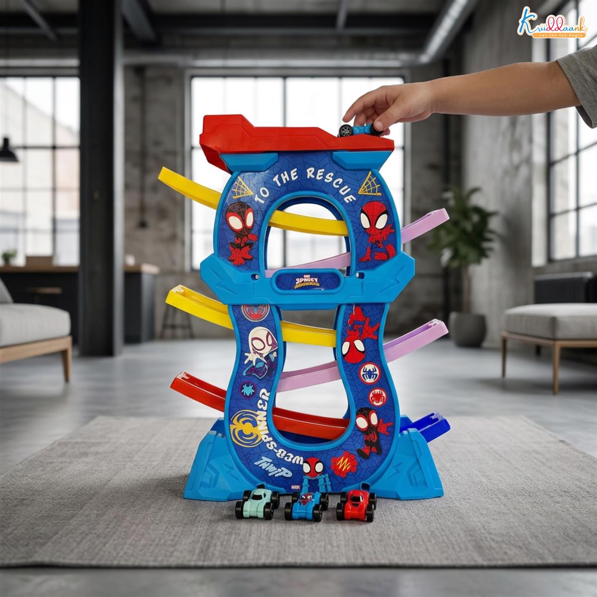 Zig Zag Zoomer Spiderman Ramp Racer Car Set for Kids 3+ Years - 6-Level Zig-Zag Racing Track with 4 Vehicles - 16 Pcs Battery Operated Educational Toy - Non-Toxic Blue Car Playset