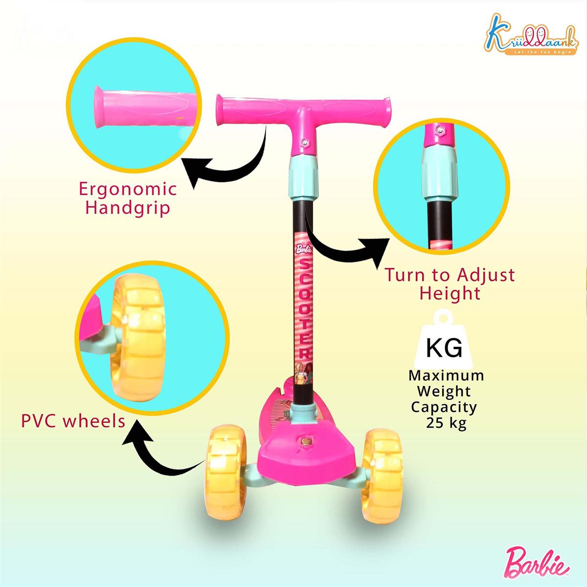 Kriiddaank Barbie Adventure 3-Wheel Kick Scooter for Kids (Ages 3-12), 5-Level Adjustable Height & Easy Fold Design, PVC Wheels, 25kg Weight Capacity, Pink