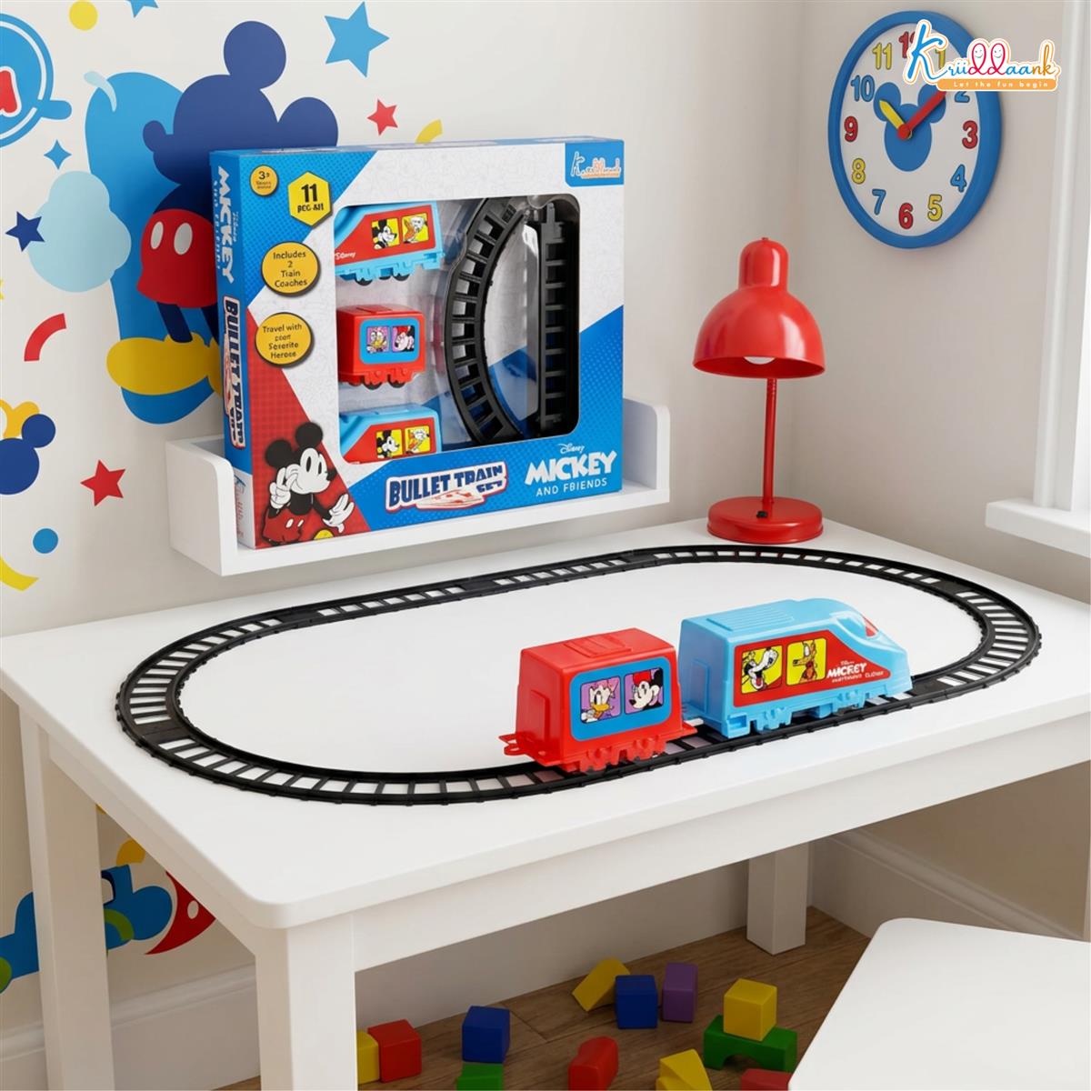 Kriiddaank Mickey Mouse Theme Train Set (11-Piece) - Battery Operated Classic Disney Train with Sound Effects for Kids 3+ - Educational Track Set Toy for Boys and Girls, Easy Assembly