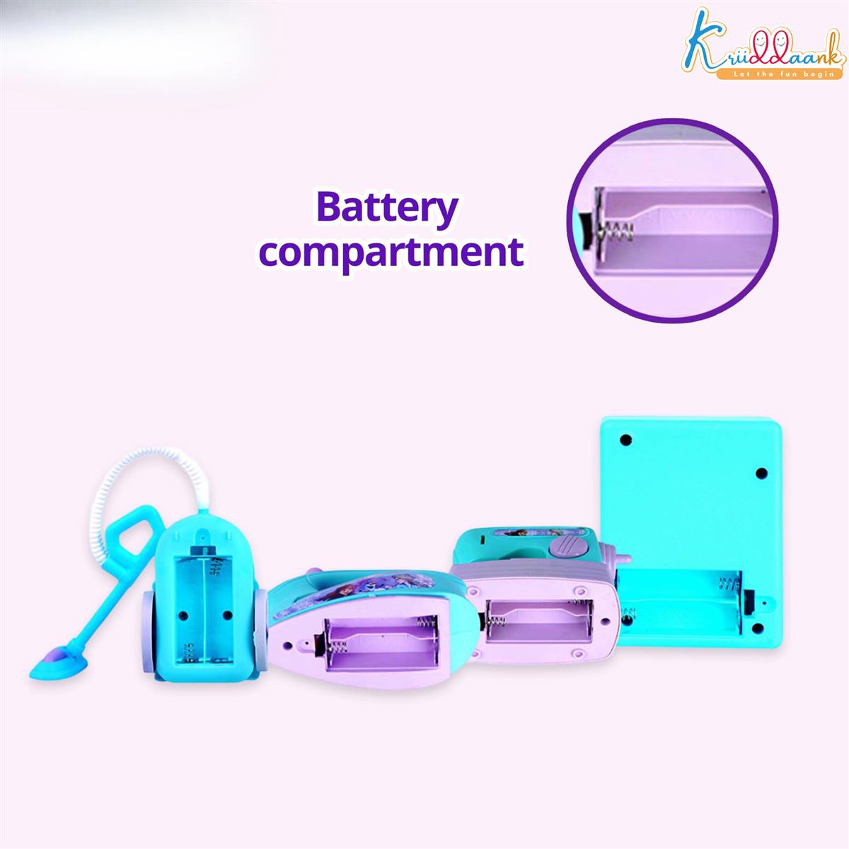 Frozen Theme Household 4pc Role Play Set - Includes Washing Machine, Vacuum Cleaner, Iron & Hair Dryer | Battery Operated Lights & Interactive Play | Non-Toxic Educational Toy for Kids 3+ Years