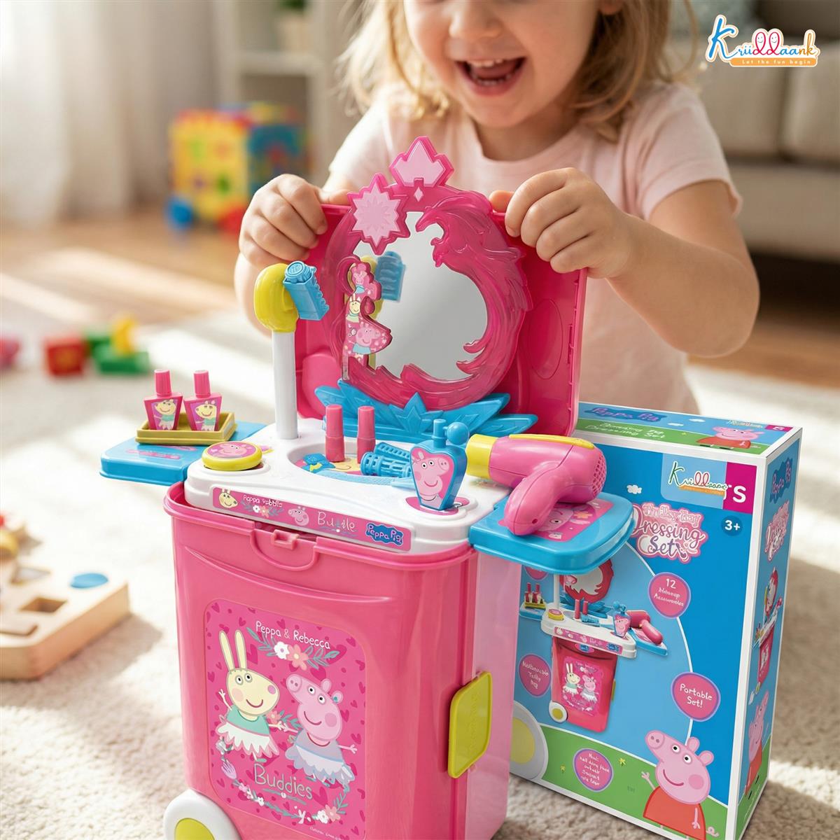 Kriiddaank Peppa Pig Dressing Set & Makeup Trolley Kit for Girls, 15 Pcs Pretend Play Beauty Set with Music & Lights, Educational Role Play Toy for Kids 3+ Years (Pink)