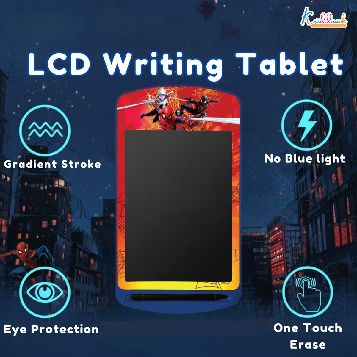 Kriiddaank 10.5 Inch Spiderman LCD Writing Tablet, Electronic Drawing Pad & Travel Slate for Kids, Rewritable Doodle Board, Birthday Gift for Boys Aged 3-9 Years, Blue Spiderman Theme
