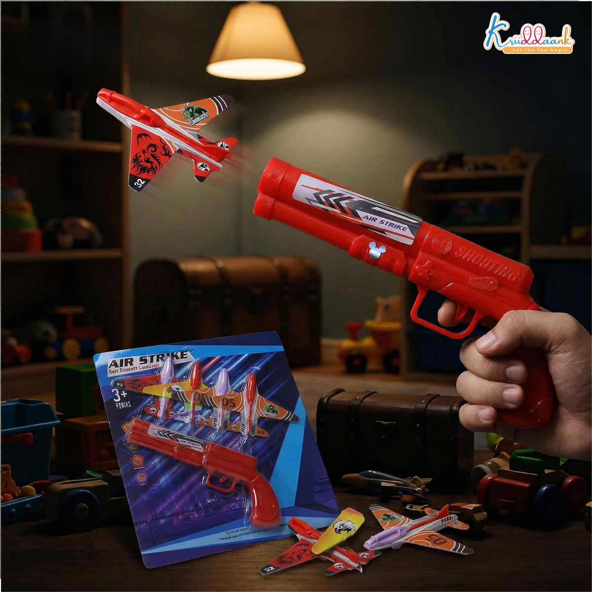 Kriiddank Soft Aircraft Launcher Toy - Includes 4 Foam Glider Planes - Blue Manual Catapult Gun for Kids 3+ Years - Safe & Educational Outdoor Flying Toy