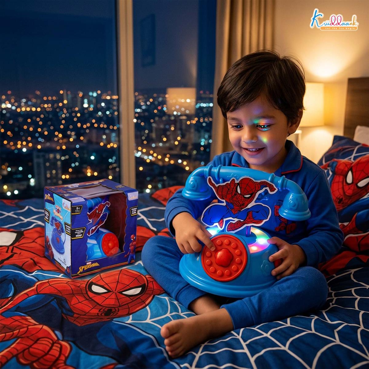 Kriiddaank Spiderman Talking Telephone Toy for Kids - Interactive Musical Pretend Play Phone with Sounds, Educational Learning Toy for Boys & Girls 3+ Years, Durable & Portable Design, Blue