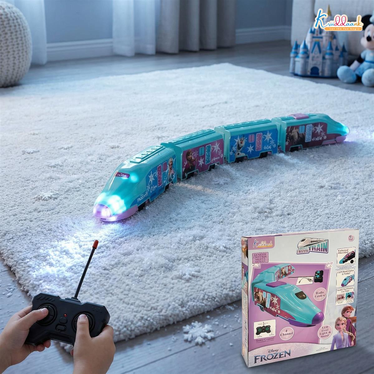 Kriiddaank Frozen Theme Remote Control Train Toy for Kids, Rechargeable EMU Express Train with LED Lights and Realistic Sounds, Turquoise Railway Toy for Boys and Girls Ages 3+