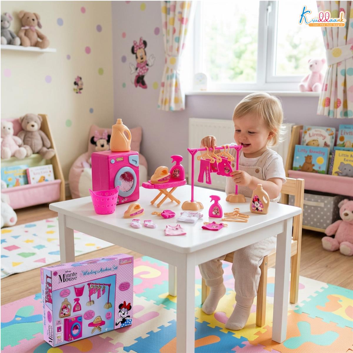 Kriiddaank Minnie Theme Washing Machine Toy - 15-Piece Interactive Pretend Play Laundry Set with Music, Ironing Board & Accessories - Pink Educational Disney Magic Gift for Toddlers Ages 3+