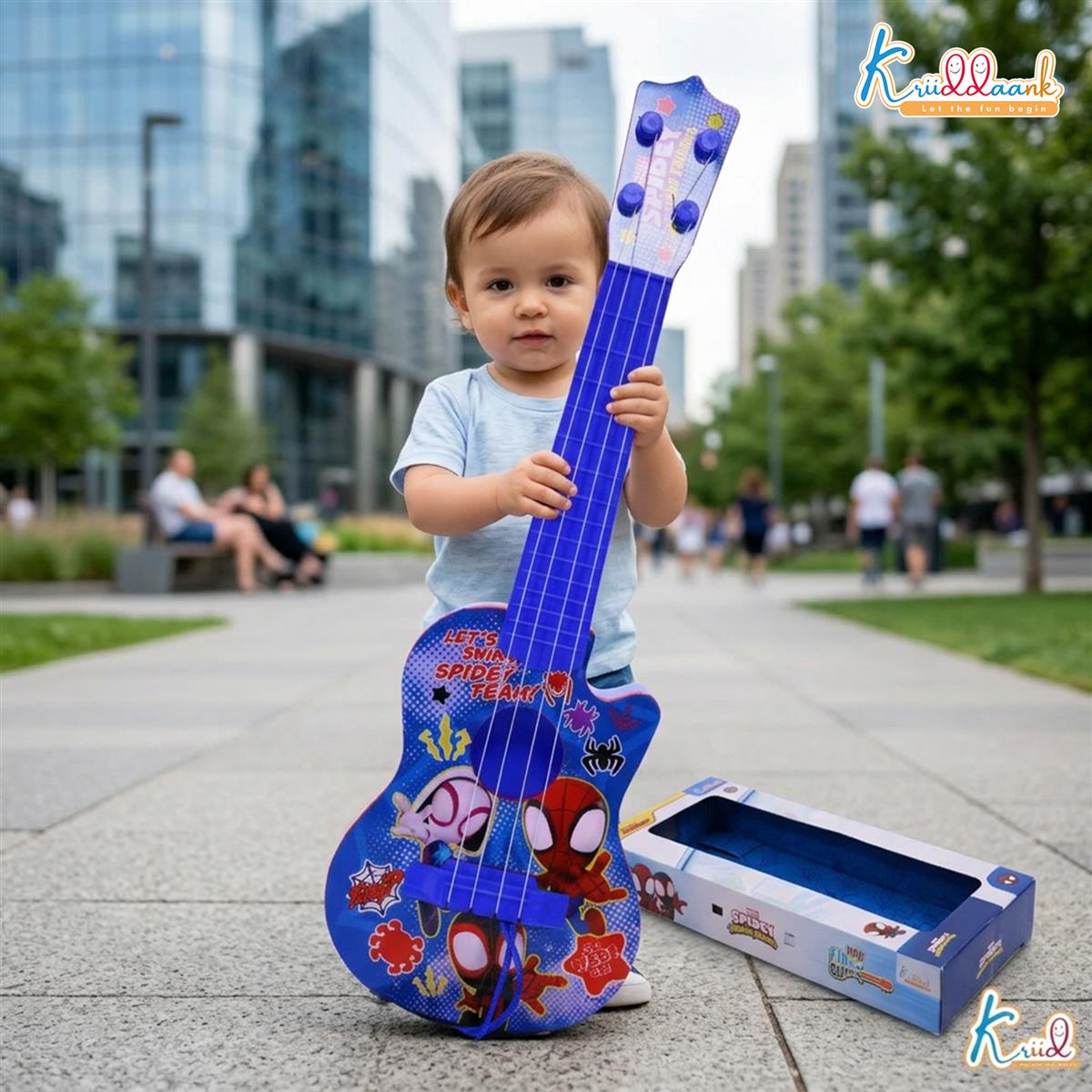 Spiderman 4-String Small Toy Guitar for Kids (3+ Years) - Adjustable String Tension, Fingerstyle Tab & Pick | Educational Musical Instrument for Boys | Portable & Safe Design, Blue