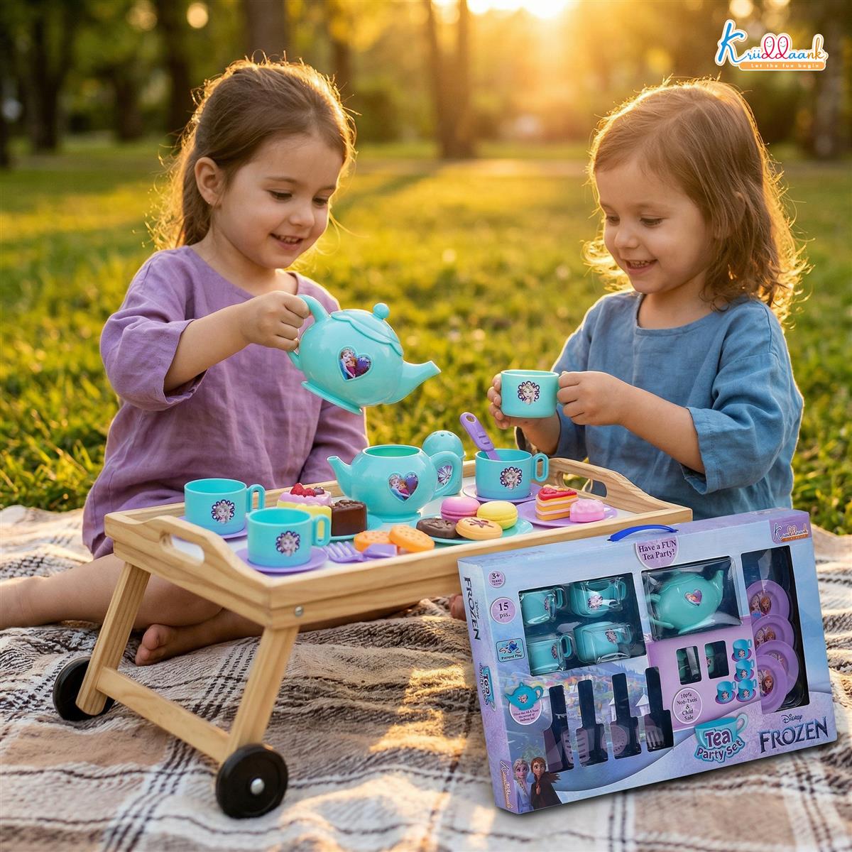Frozen Tea Party Set for Girls - Elsa & Anna 15-Piece Trolley Playset with Electronic Kettle, Realistic Boiling Sounds & Lights - Interactive Pretend Play Kitchen Toy for Kids Ages 3+