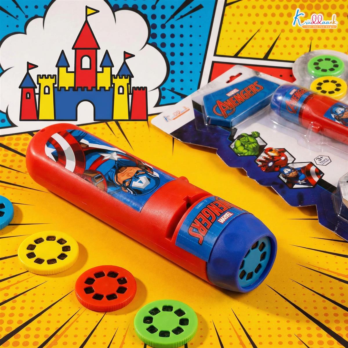 Marvel Avengers Projector Torch - Handheld Battery Operated LED Flashlight for Kids, Includes 3 Character Slides with 24 Patterns, Creative Drawing & Tracing Set with Stencils and Markers, Red