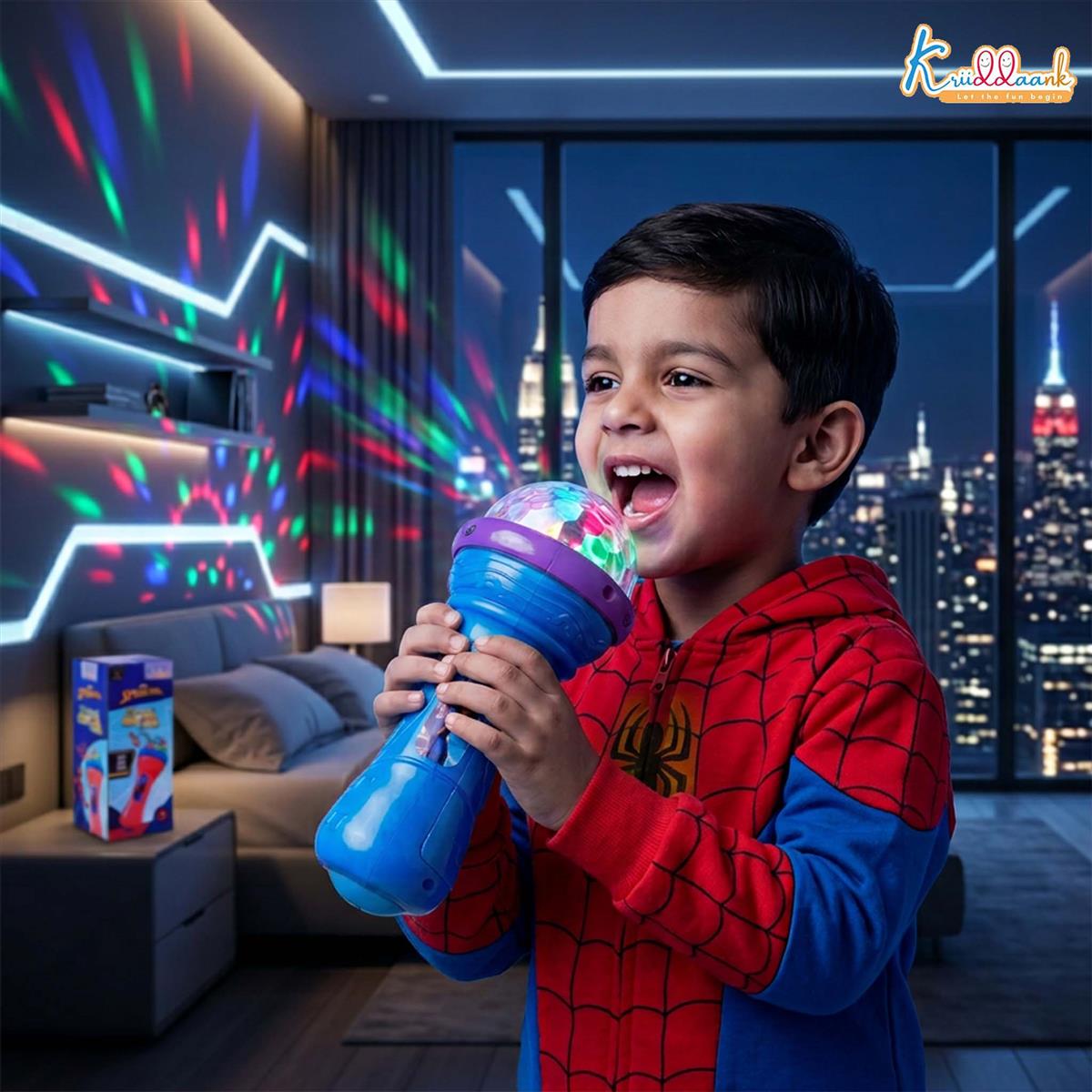 Kriiddaank Spiderman Musical Karaoke Microphone for Kids with Rotating Disco Lights & Projector - Educational Musical Toy for Boys & Girls 3+ Years, Sound Effects, Battery Operated, Blue