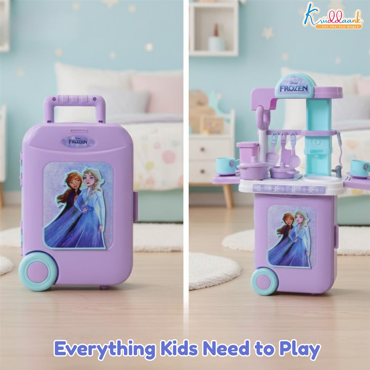 Kriiddaank Frozen Theme Kitchen Set for Girls - Elsa & Anna Inspired Portable 2-in-1 Playset with Trolley Bag, Lights, Music & 20 Accessories - Pretend Play Cooking & Baking Toy for Kids 3+ Years