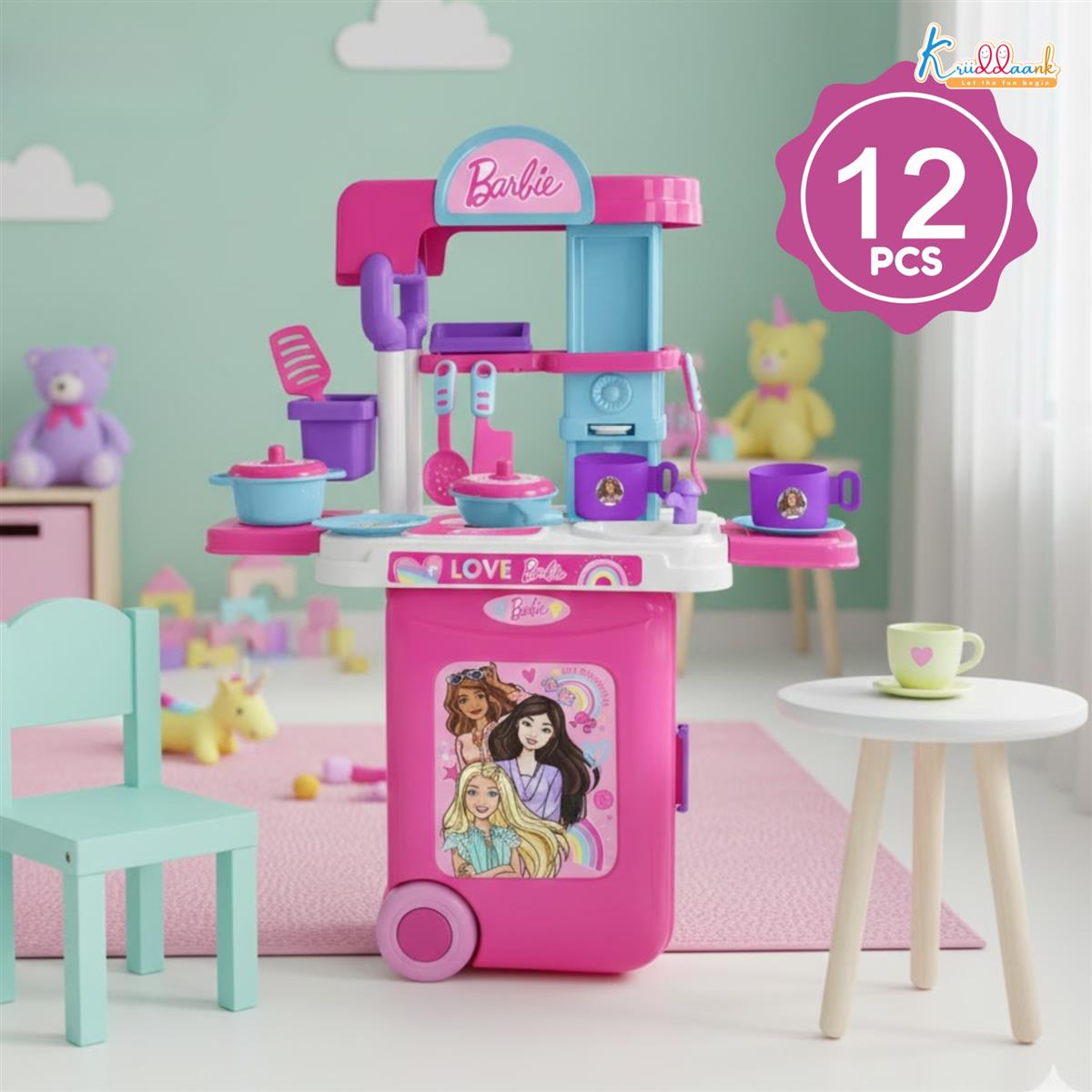 Kriiddaank Mattel Barbie Kitchen Set - Portable 2-in-1 Trolley Playset with Lights, Sound & 20 Accessories for Girls - Realistic Cooking & Baking Toy Gift for Kids 3+ Years