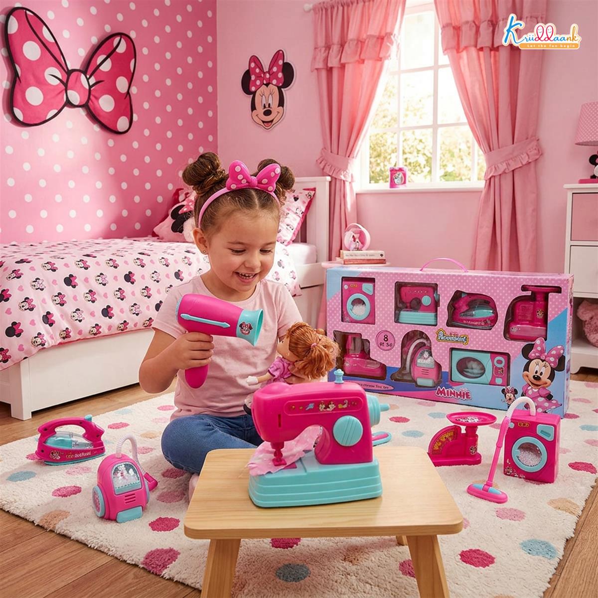 Minnie Mini Household Set (6pcs) - Battery Operated Hair Dryer, Vacuum Cleaner, Washing Machine, Iron, Sewing Machine & Fan - Educational Pretend Play Toy for Girls, Safe & Interactive Pink Toy Set