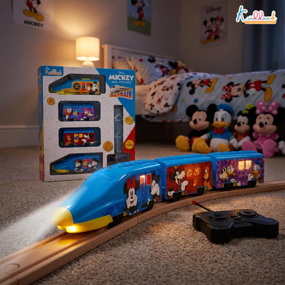 Kriiddaank Mickey Theme Remote Control Train Toy for Kids - Rechargeable EMU Express Train with LED Lights & Sounds, 4-Channel RC Railway Model, Disney Gift for Boys & Girls (Blue)
