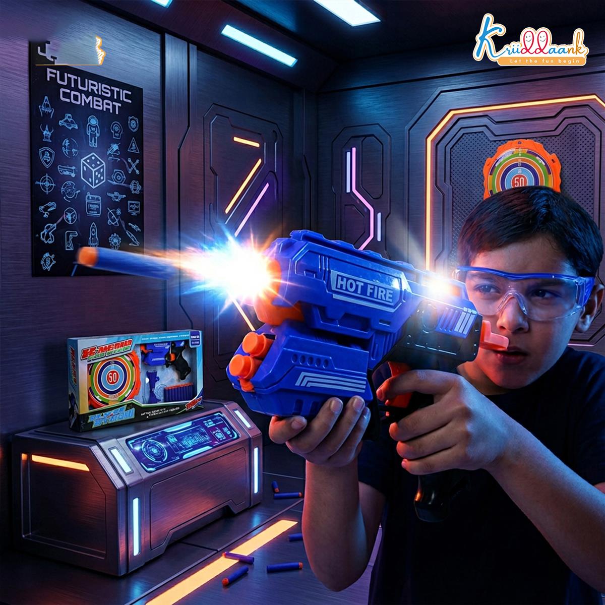 Kriiddaank X Hero Soft Bullet Blaster Gun Toy for Kids with 10 Foam Darts, Target Board, and Safety Glasses | Long Range Single-Shot Shooting Playset | Ideal Gift for Boys & Girls 3+ Years
