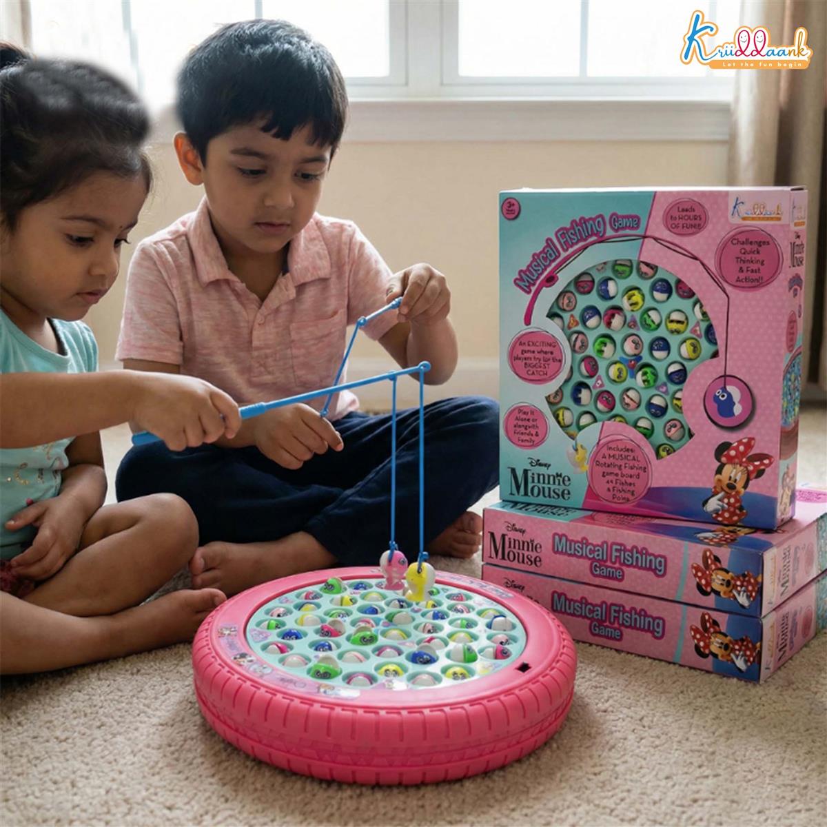 Minnie Musical Fishing Game - Electronic Rotating Board with 45 Fishes & 4 Poles, Ocean Theme Battery Operated Toy, Educational Pink Fishing Game for Kids & Toddlers, Ages 3+