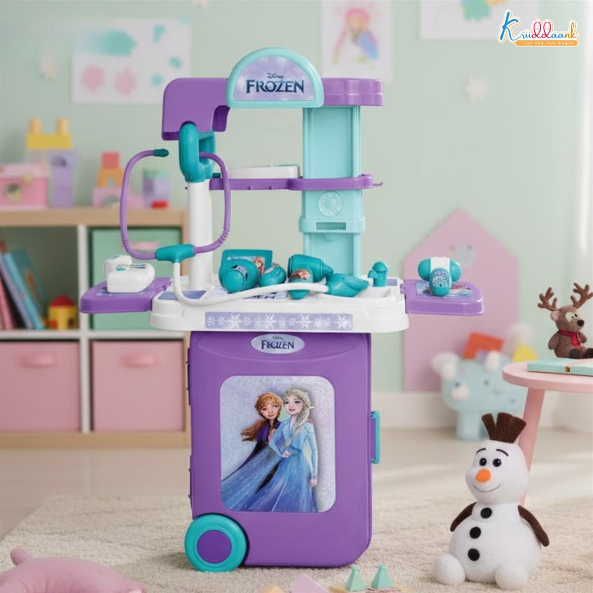 Kriiddaank Frozen Theme Doctor Set for Kids - Elsa & Anna Portable Medical Trolley Playset with Lights - Educational First Aid Kit Toy for Girls 3+ Years - Perfect Birthday Gift, Turkish Blue