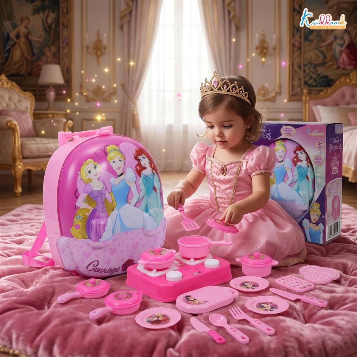 Disney Princess Backpack Kitchen Gift Set for Kids - 21 Pcs Pretend Play Cooking Toy with Music, 2-in-1 Portable Backpack Kitchen Set for Girls, Includes Accessories, Pink, Ages 3+